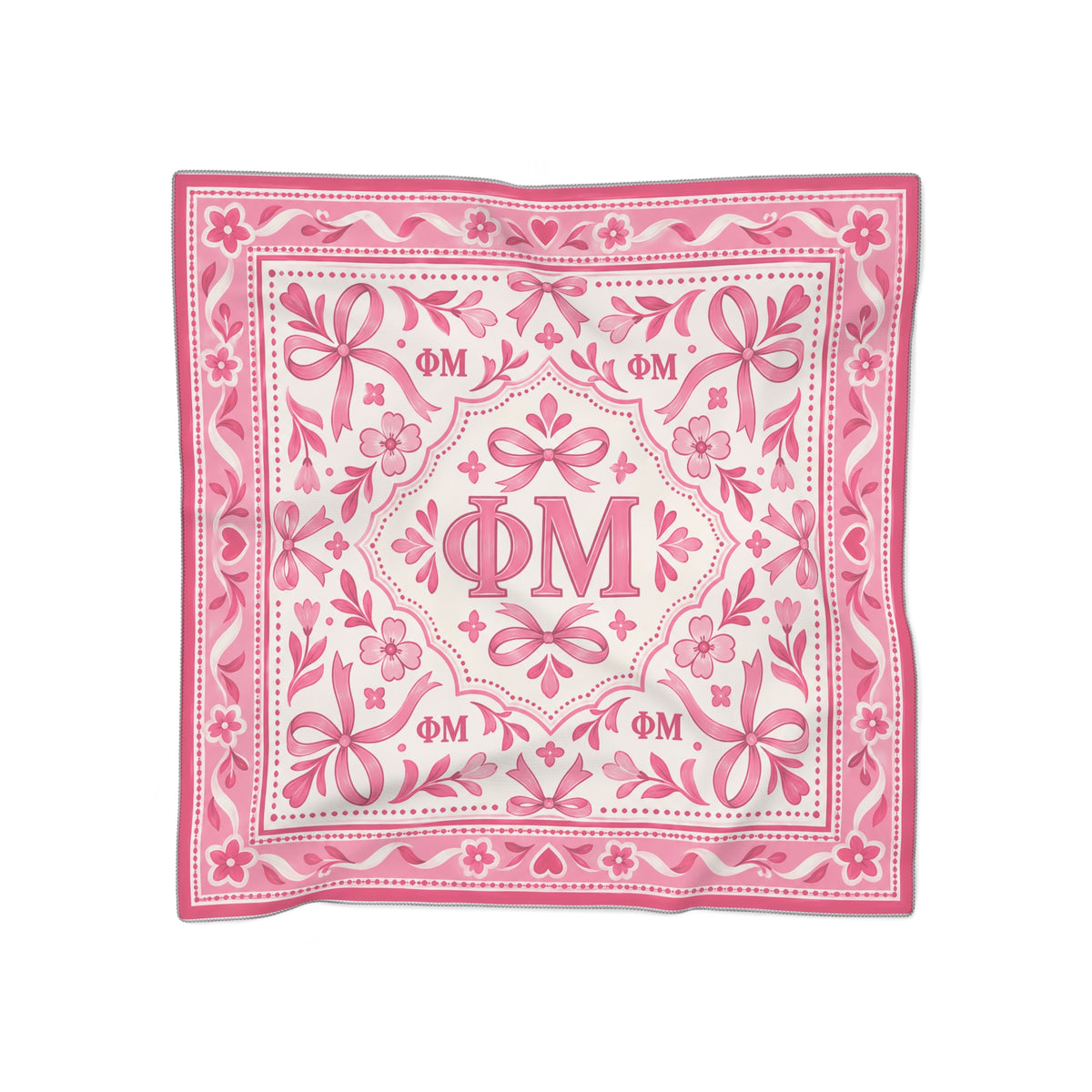 Pink Floral Phi Mu Bandana Scarf — Sorority Phi Mu Logo Silk-Feel Square Scarf