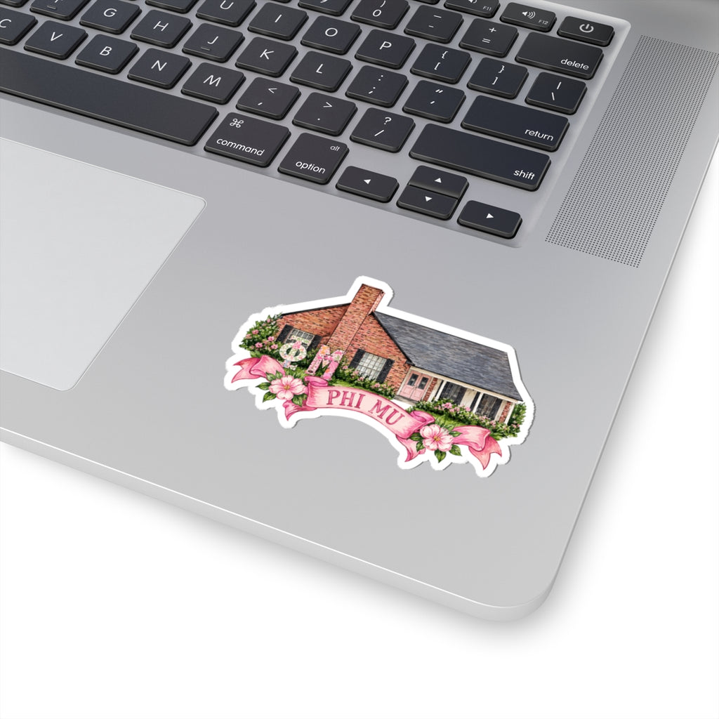 Phi Mu Sorority House Kiss-Cut Sticker — Pink Floral Greek Letters