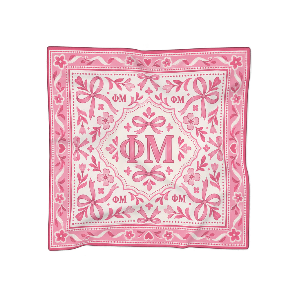 Pink Floral Phi Mu Bandana Scarf — Sorority Phi Mu Logo Silk-Feel Square Scarf