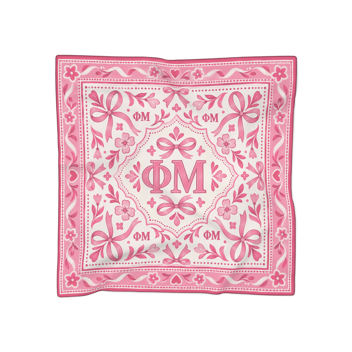 Pink Floral Phi Mu Bandana Scarf — Sorority Phi Mu Logo Silk-Feel Square Scarf